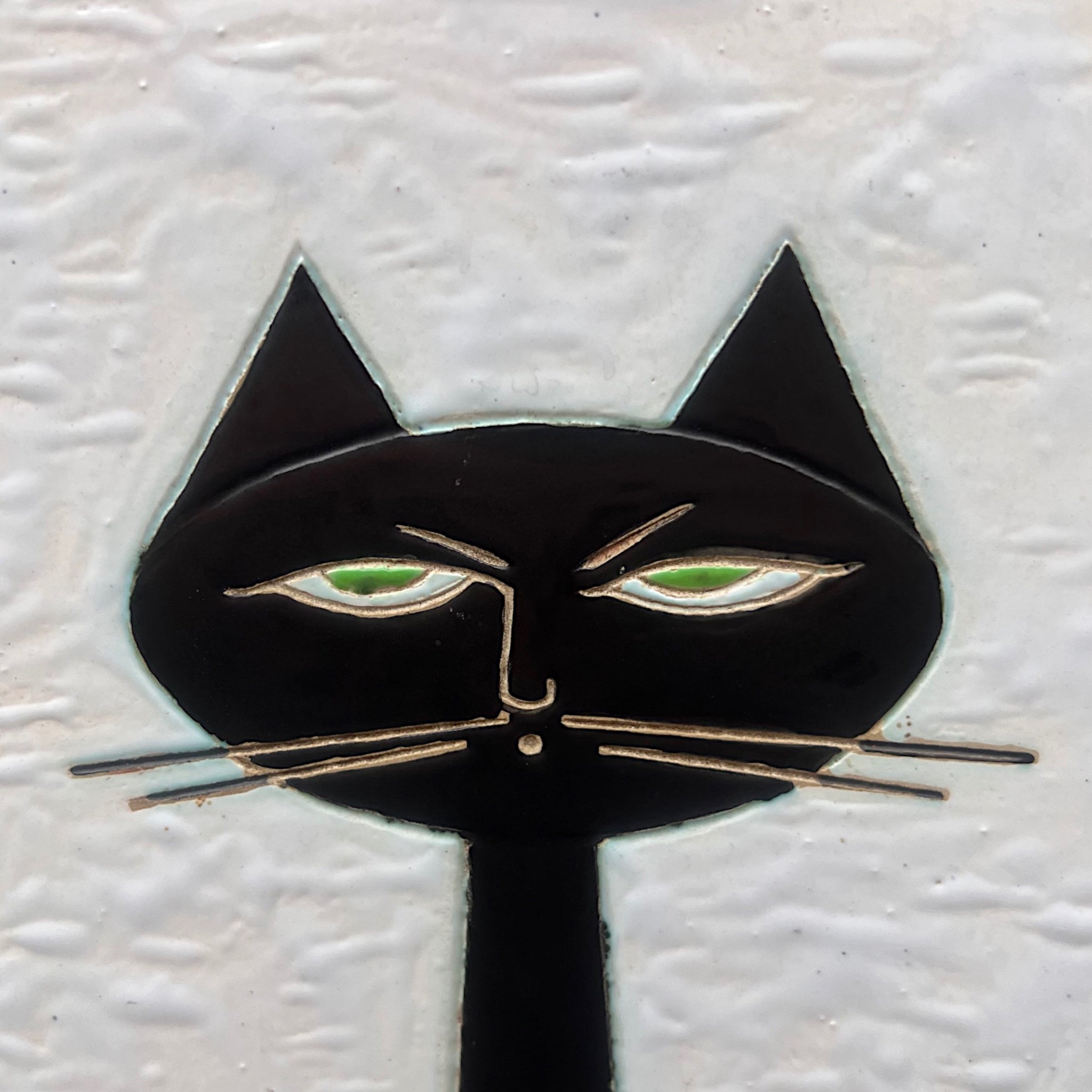 Plaque Murale Chat Noir en Céramique sur Bois - Années 70