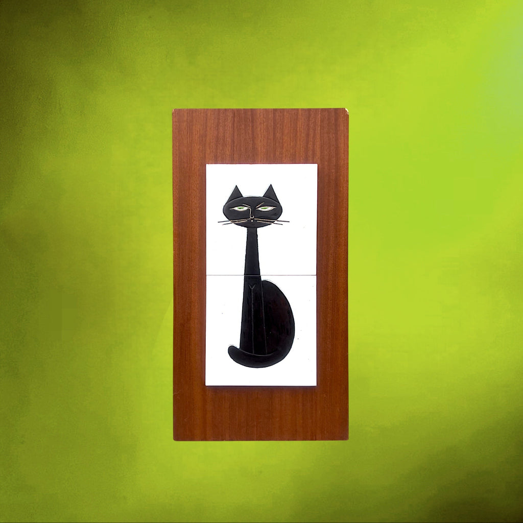 plaque-murale-chat-noir-ceramique-bois-annees-70