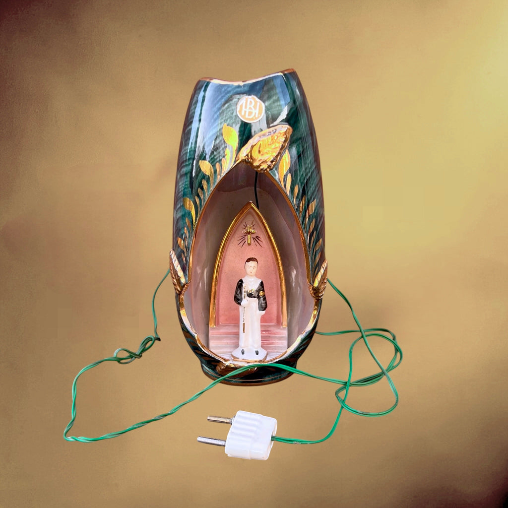 Lampe de chevet religieuse vintage Bequet Quaregnon années 50 céramique émaillée irisée communiant