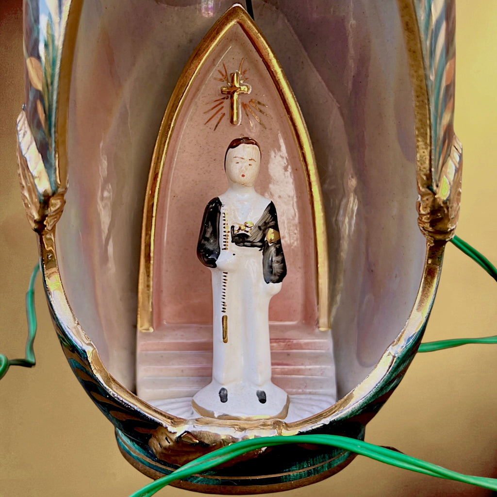 Lampe de chevet religieuse vintage Bequet Quaregnon années 50 céramique émaillée irisée communiant
