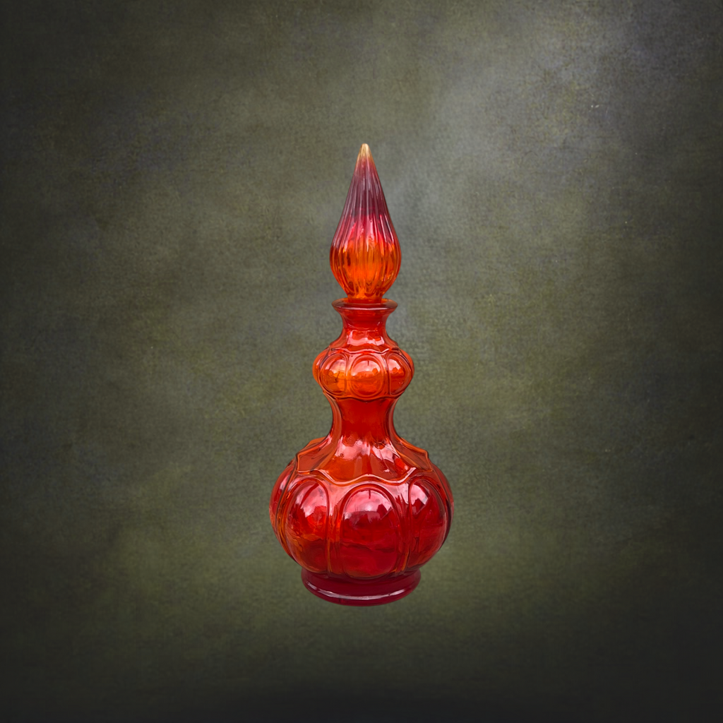 Carafe Genie Bottle En Verre Rouge Orangé, Empoli Italie – Années 60