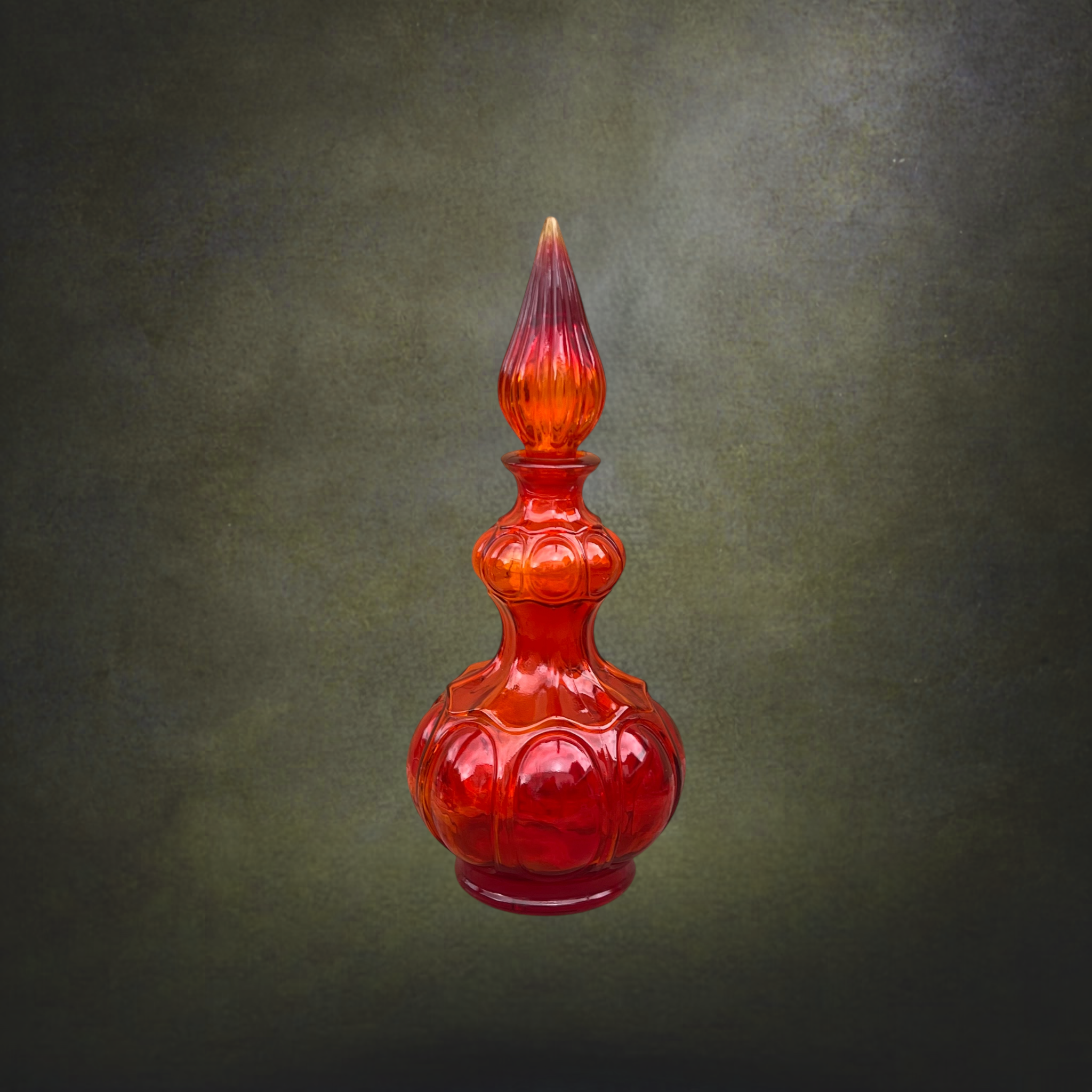 Carafe Genie Bottle En Verre Rouge Orangé, Empoli Italie – Années 60