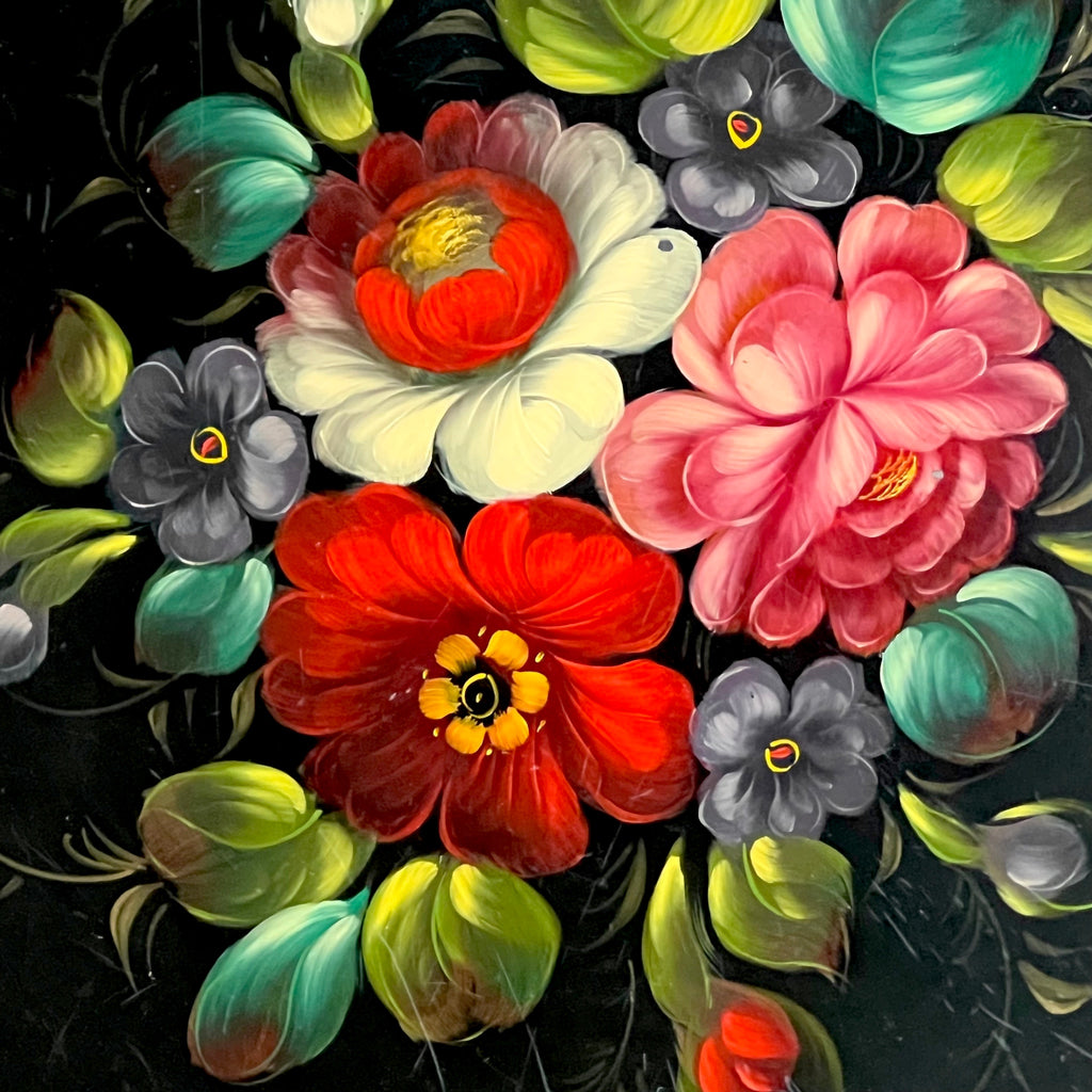 Plateau Zhostovo Soviétique En Métal Noir, Fleurs Peintes Main – Années 70
