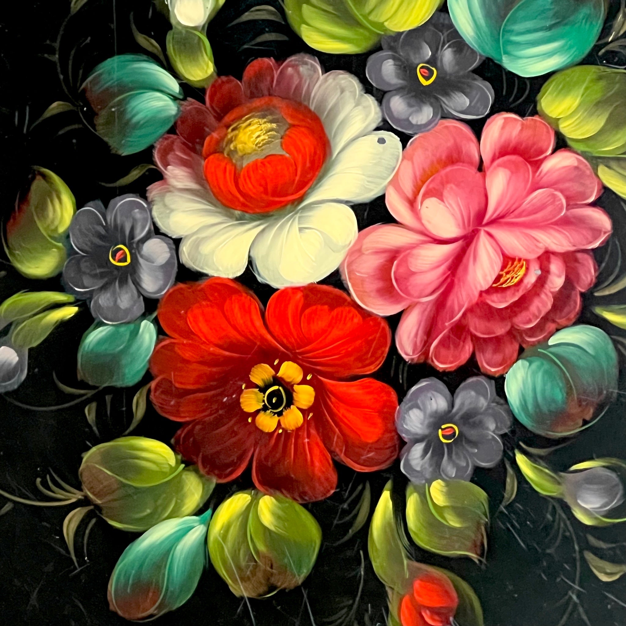 Plateau Zhostovo Soviétique En Métal Noir, Fleurs Peintes Main – Années 70