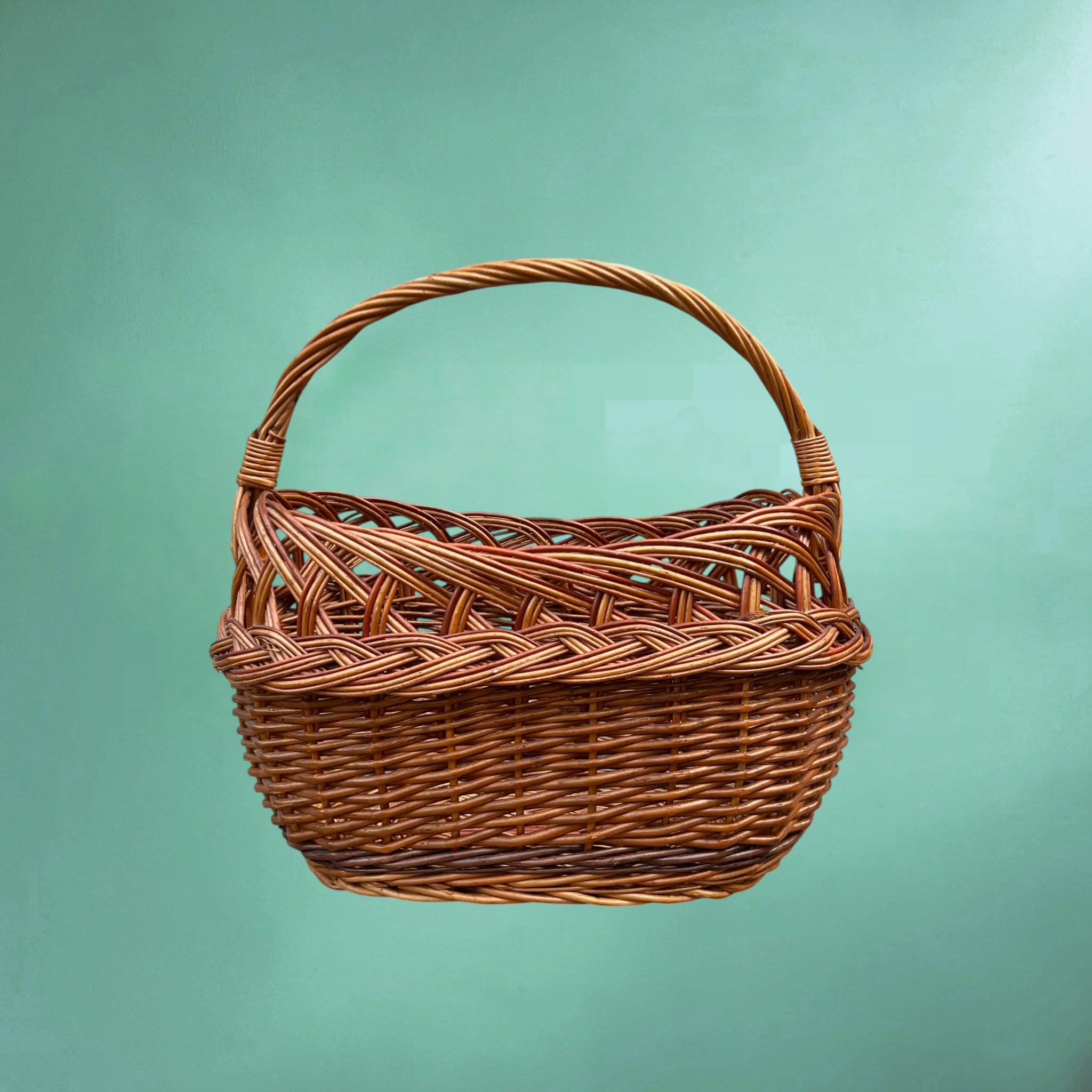 Ancien panier de marché en osier tressé – Années 60-70