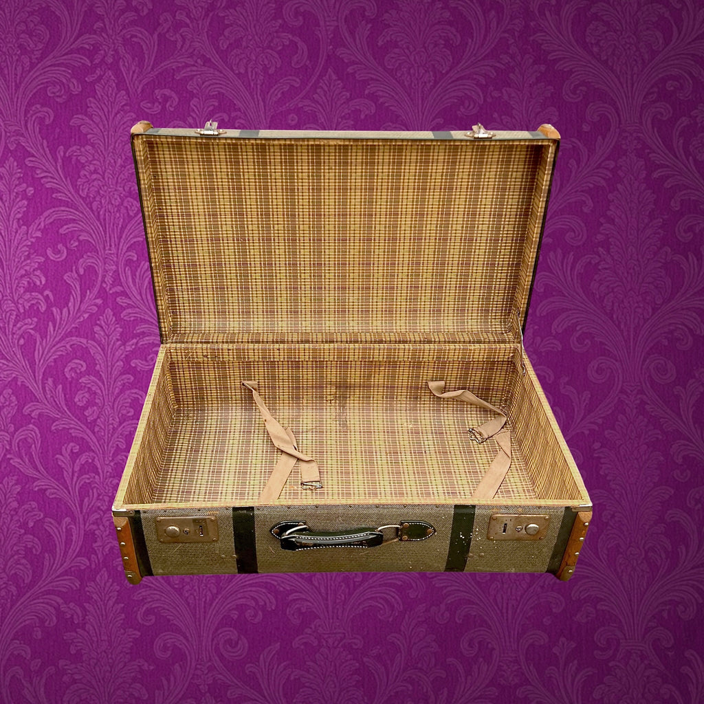 Grande valise vintage fibre vulcanisée bois métal années 50 bagage ancien déco