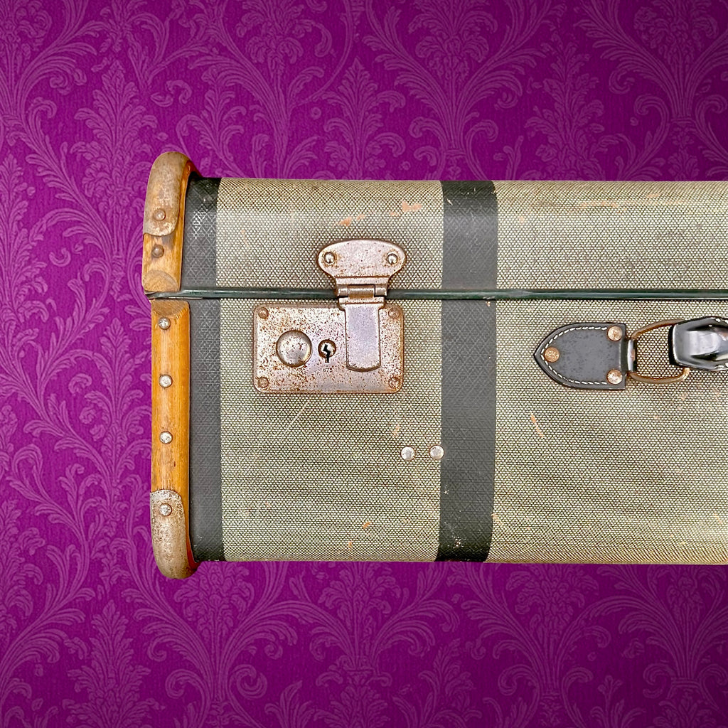 Grande valise vintage fibre vulcanisée bois métal années 50 bagage ancien déco