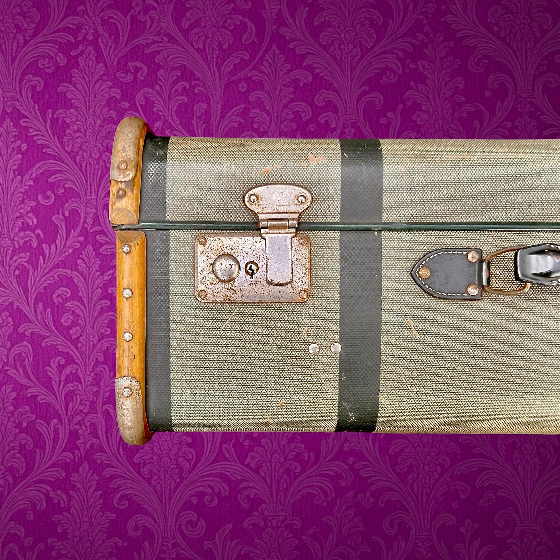 Grande valise vintage fibre vulcanisée bois métal années 50 bagage ancien déco
