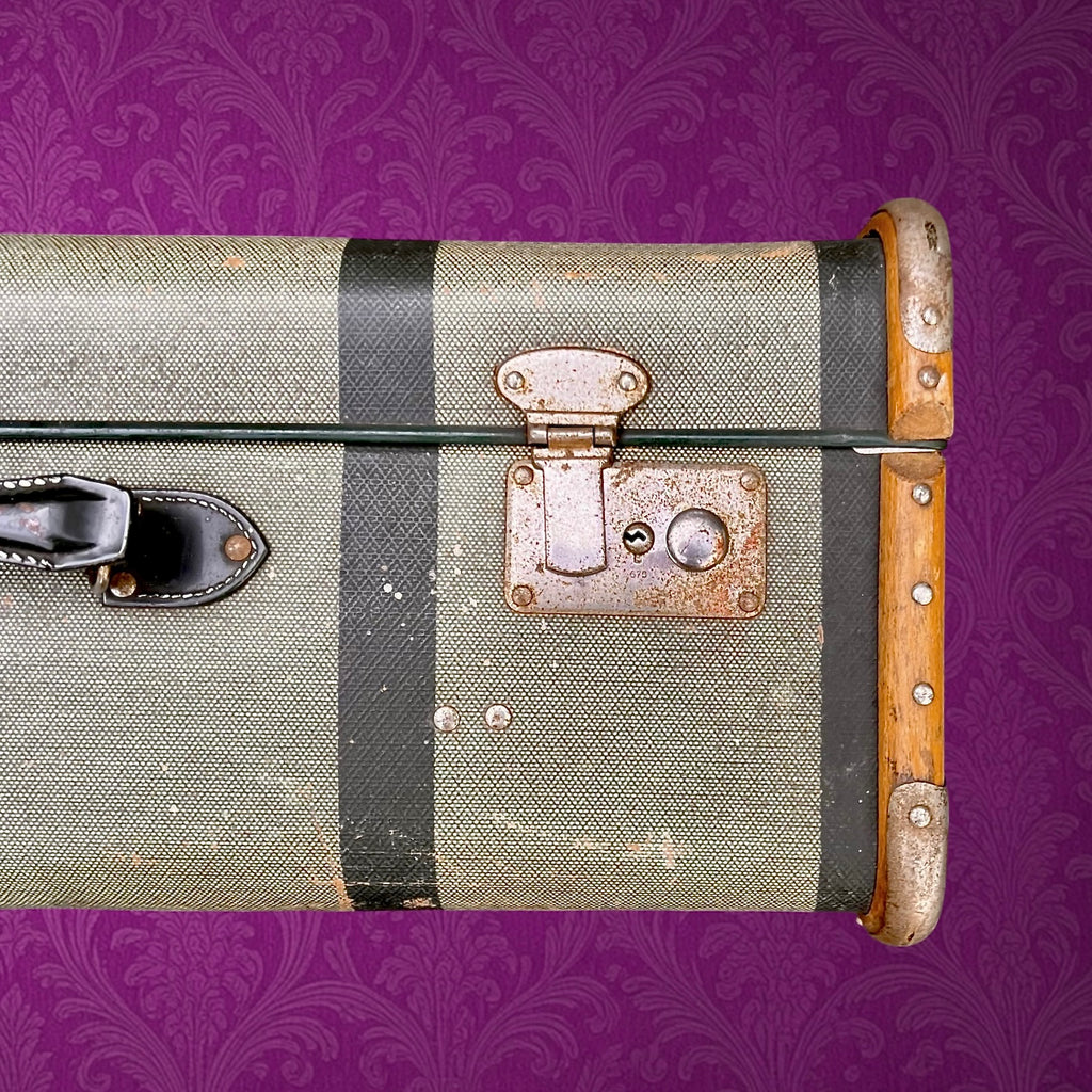 Grande valise vintage fibre vulcanisée bois métal années 50 bagage ancien déco