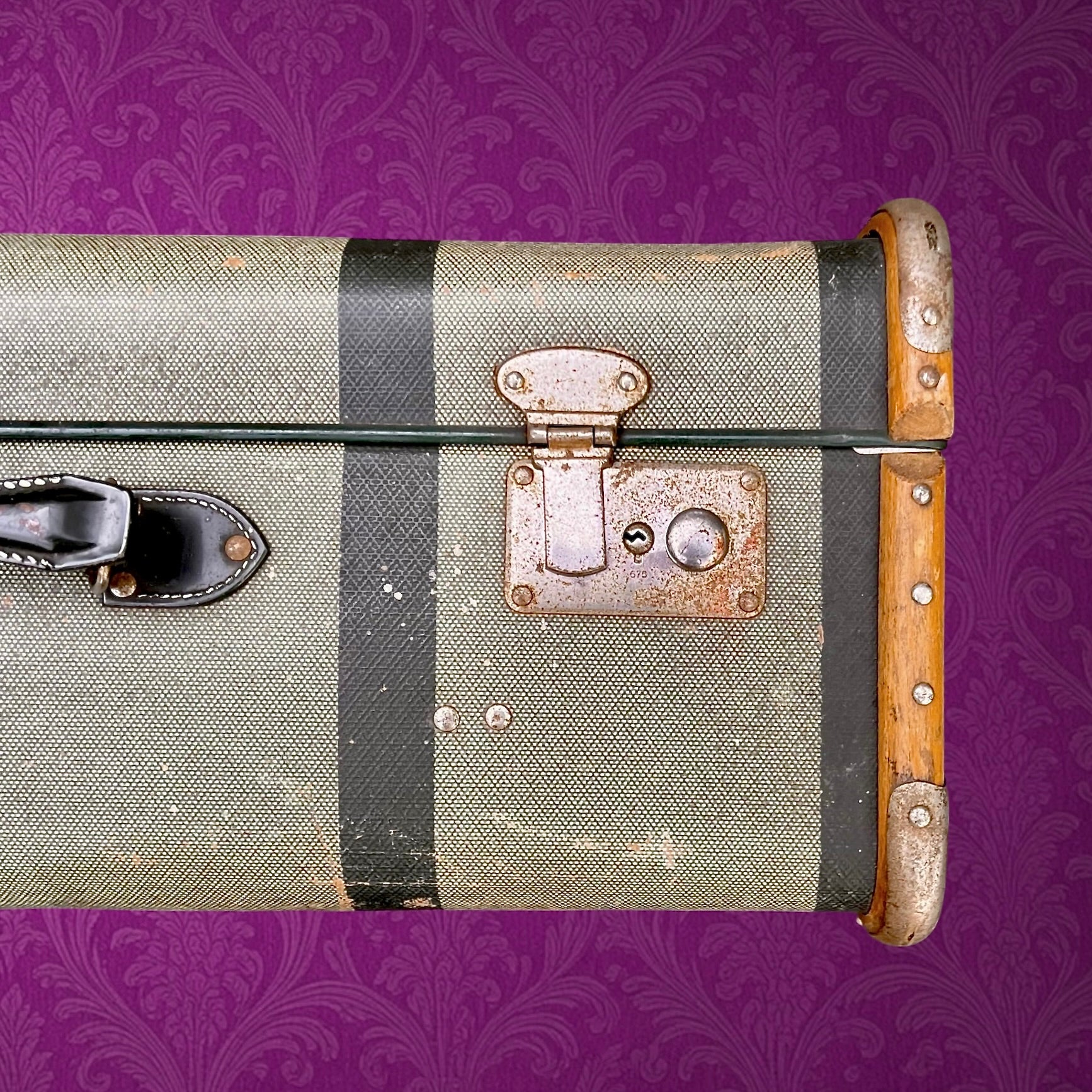 Grande valise vintage fibre vulcanisée bois métal années 50 bagage ancien déco