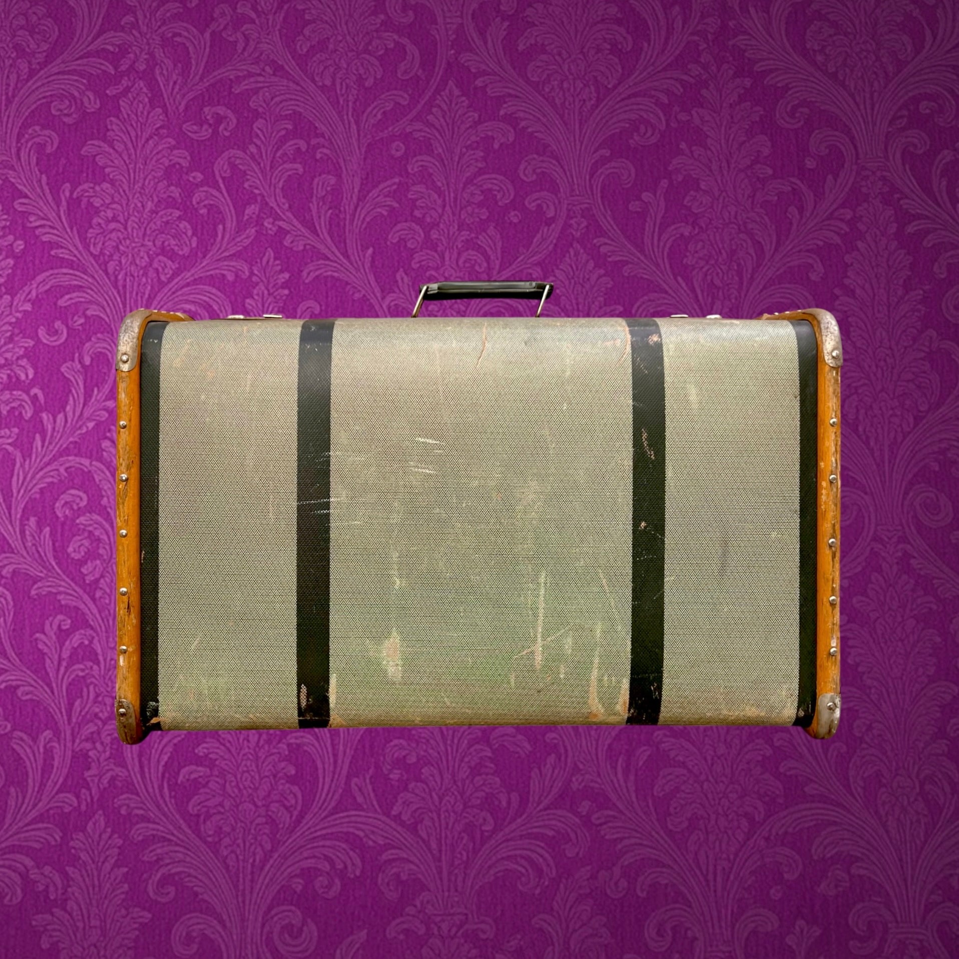 Grande valise vintage fibre vulcanisée bois métal années 50 bagage ancien déco