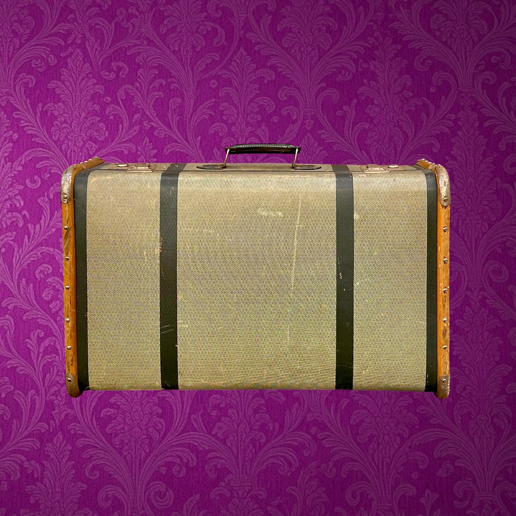 Grande valise vintage fibre vulcanisée bois métal années 50 bagage ancien déco
