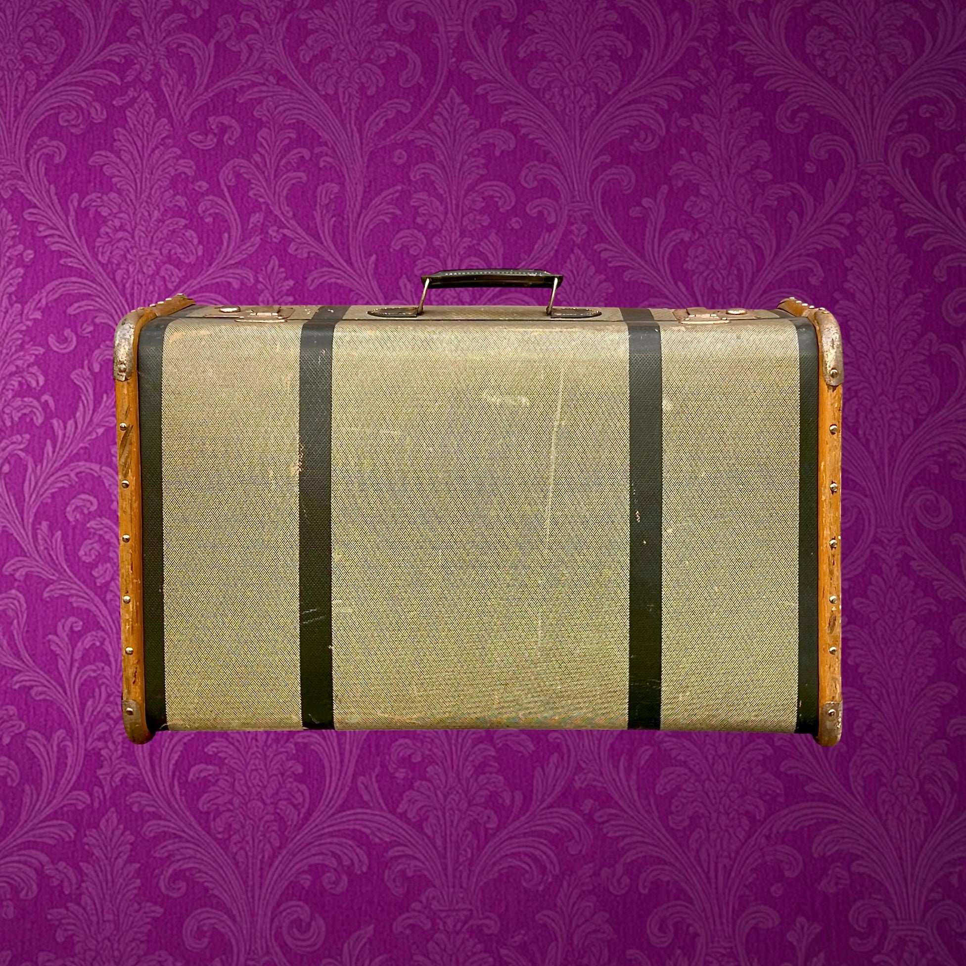 Grande valise vintage fibre vulcanisée bois métal années 50 bagage ancien déco