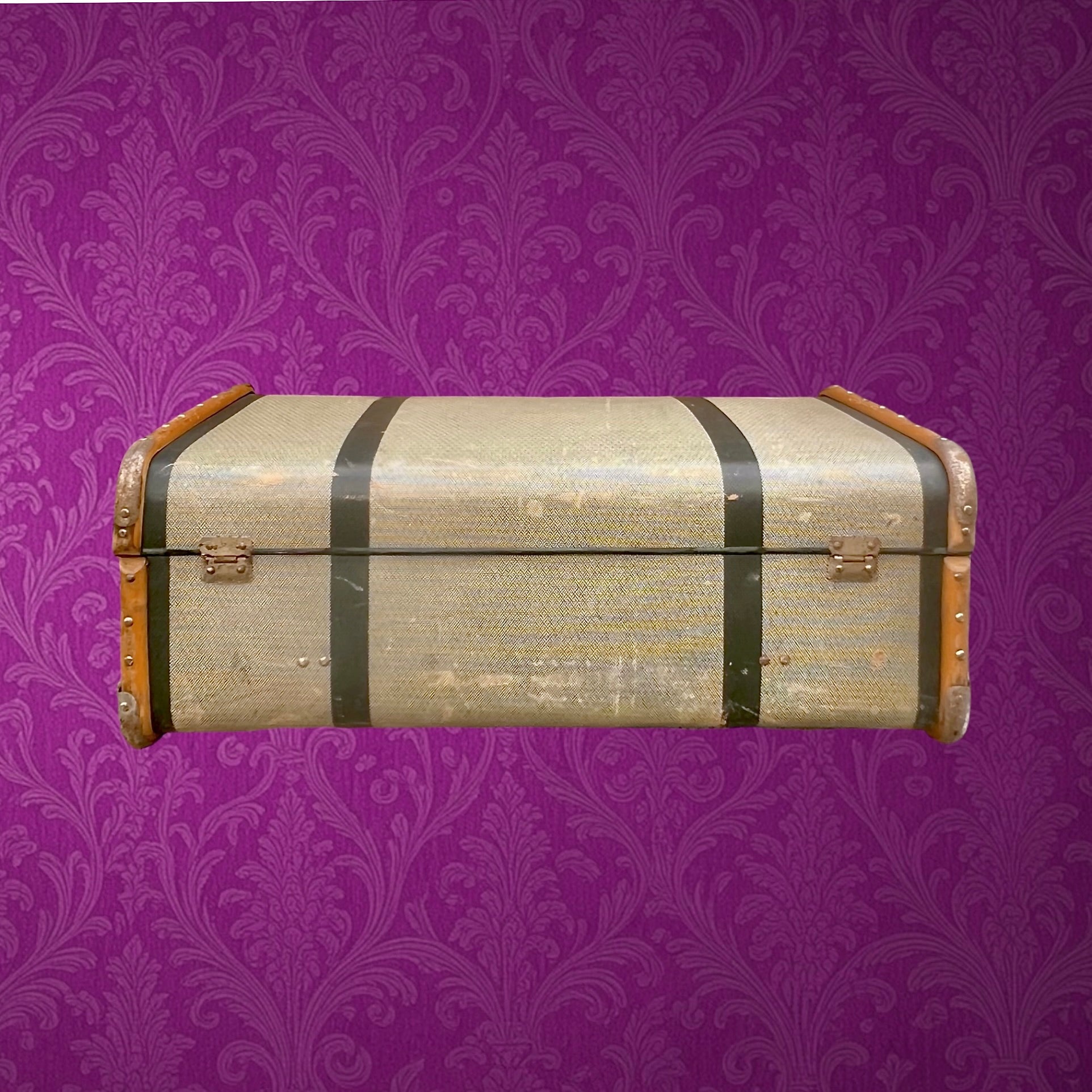Grande valise vintage fibre vulcanisée bois métal années 50 bagage ancien déco