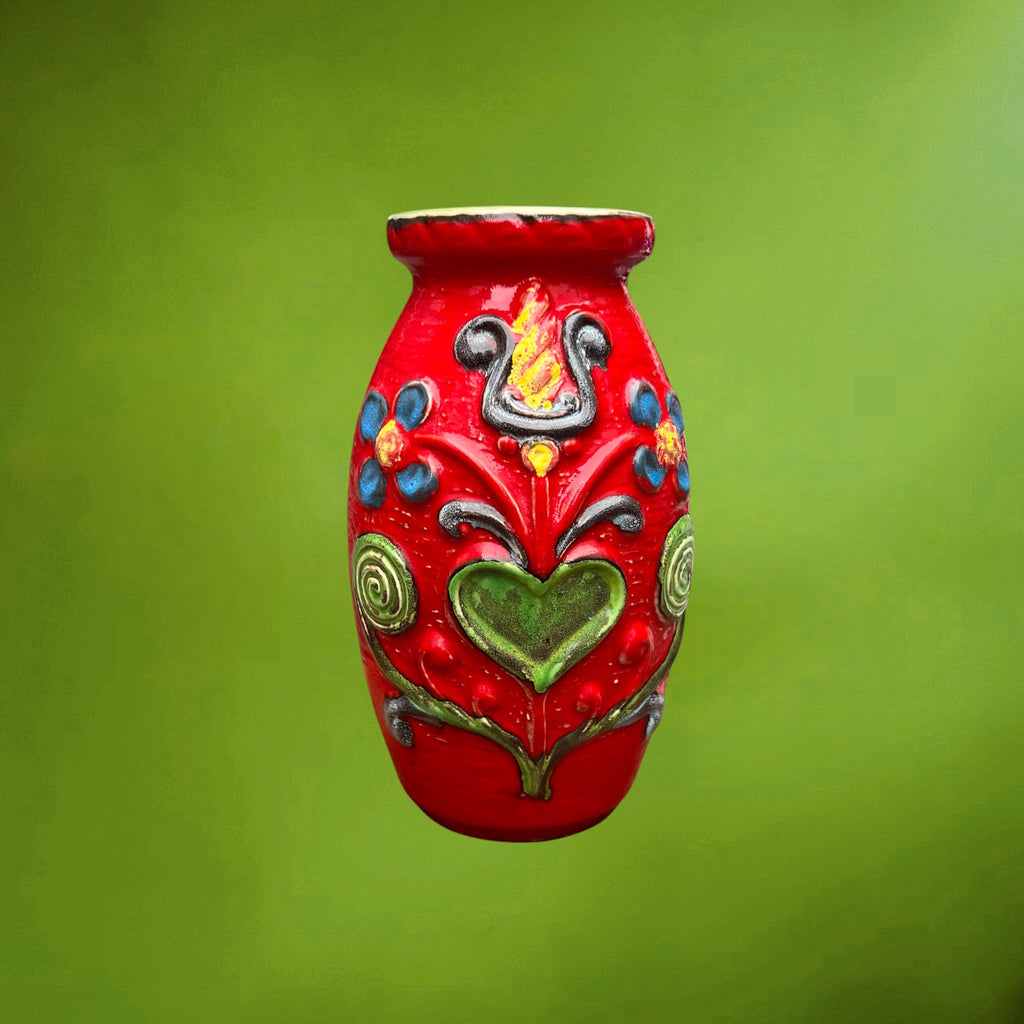 Vase Bay Keramik Rouge à Décor Floral en Relief – Années 60-70