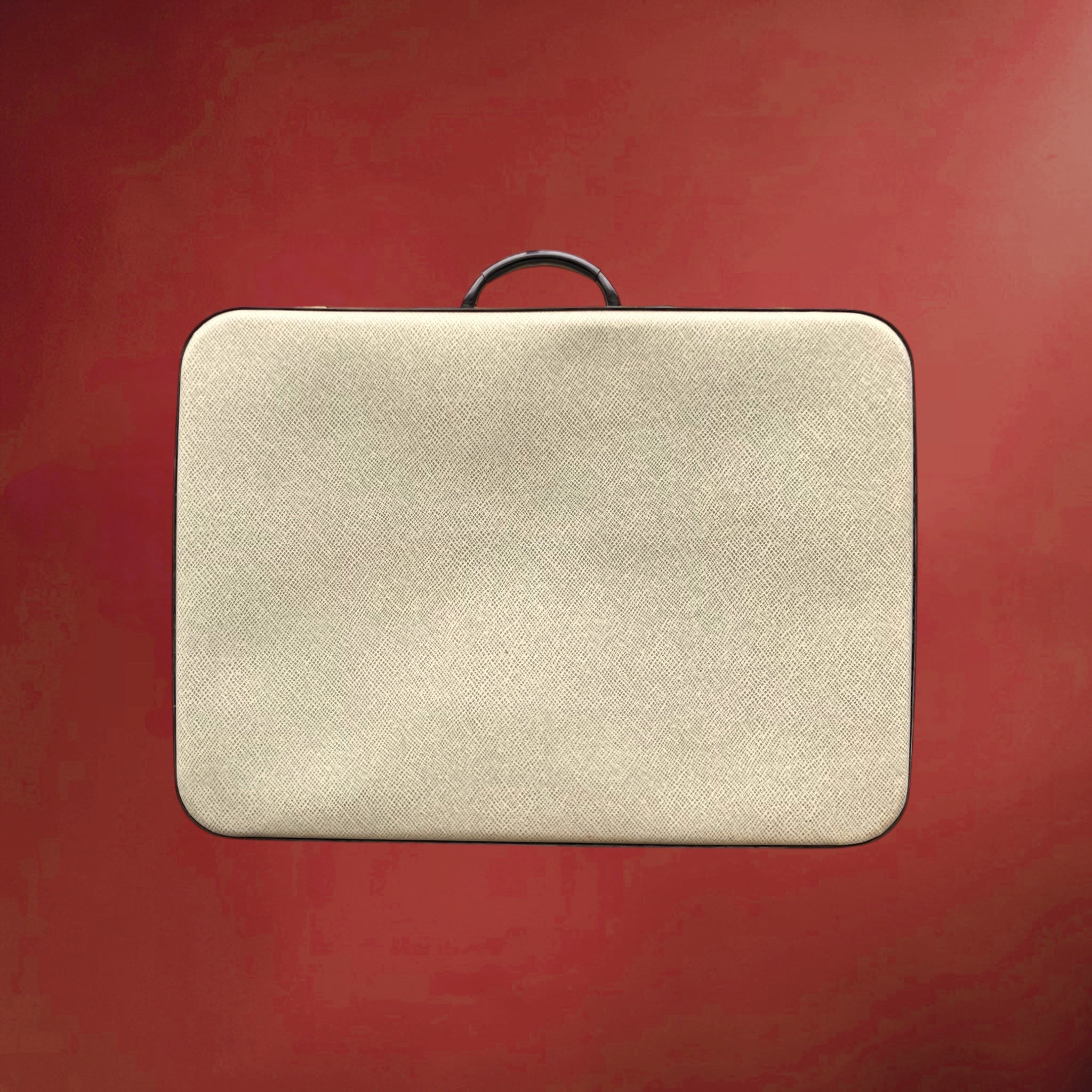 Ancienne Grande Valise Rigide en Carton Gainé Crème Fermoirs Laiton et Clés – Années 50-60