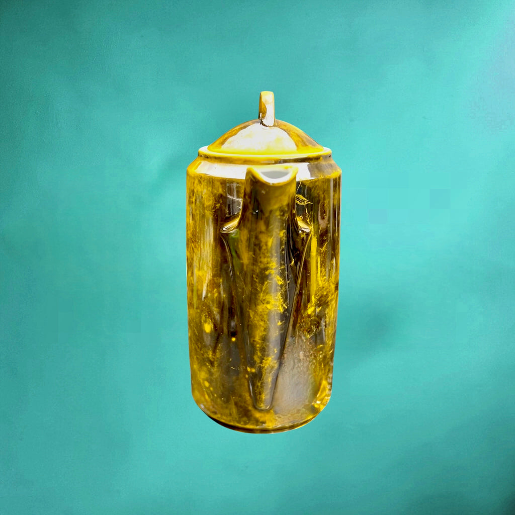 Cafetière vintage en céramique vernissée jaune et brune irisée années 50