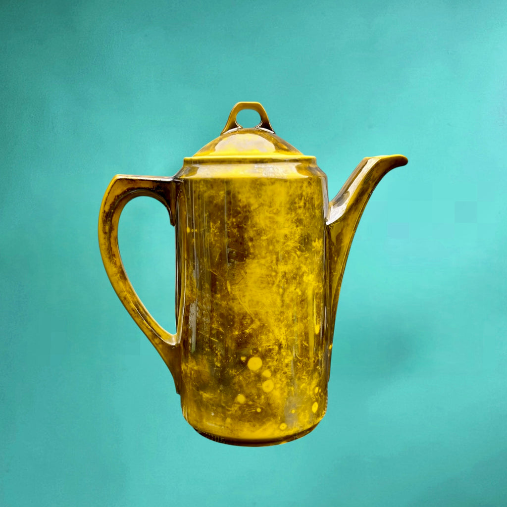 Cafetière vintage en céramique vernissée jaune et brune irisée années 50