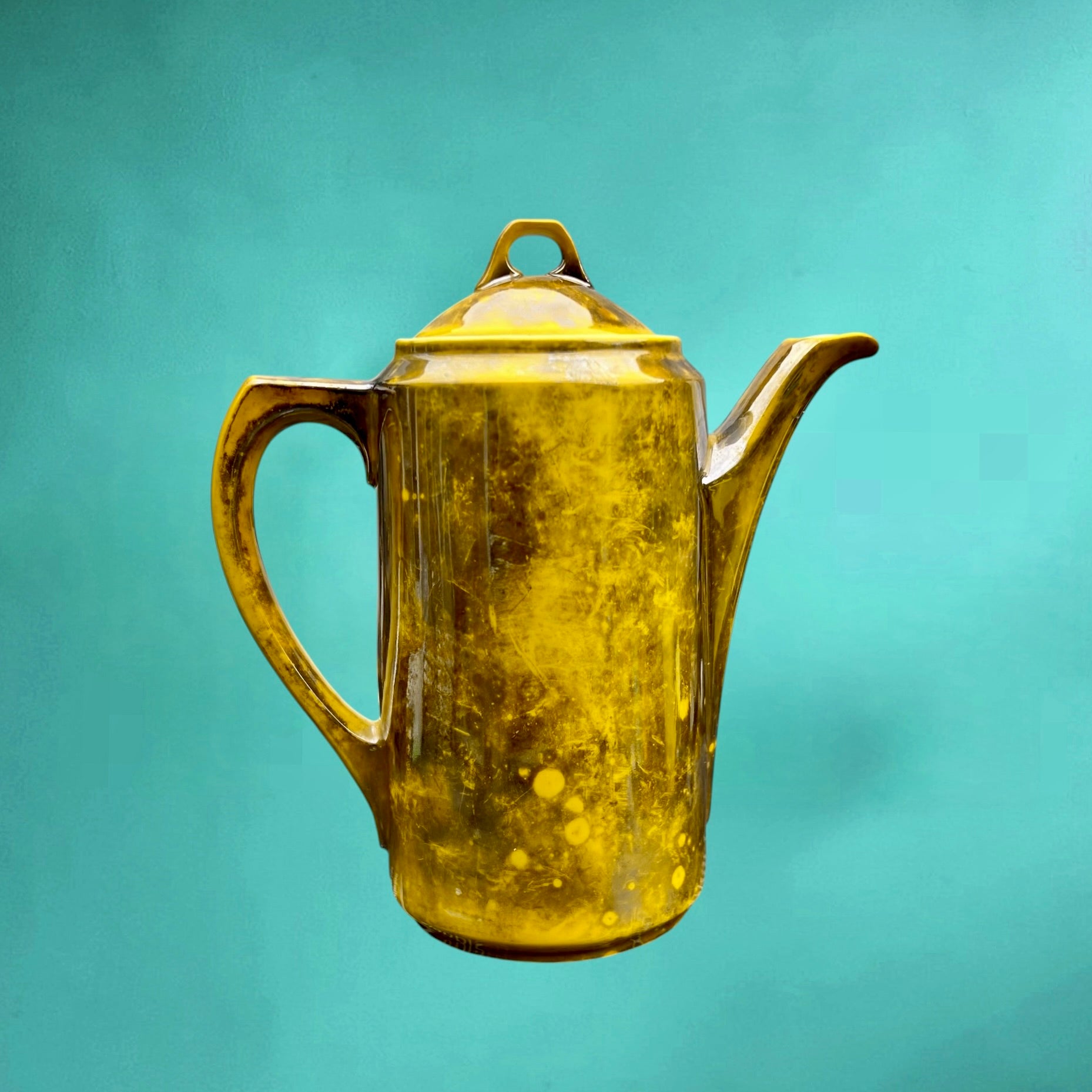 Cafetière vintage en céramique vernissée jaune et brune irisée années 50