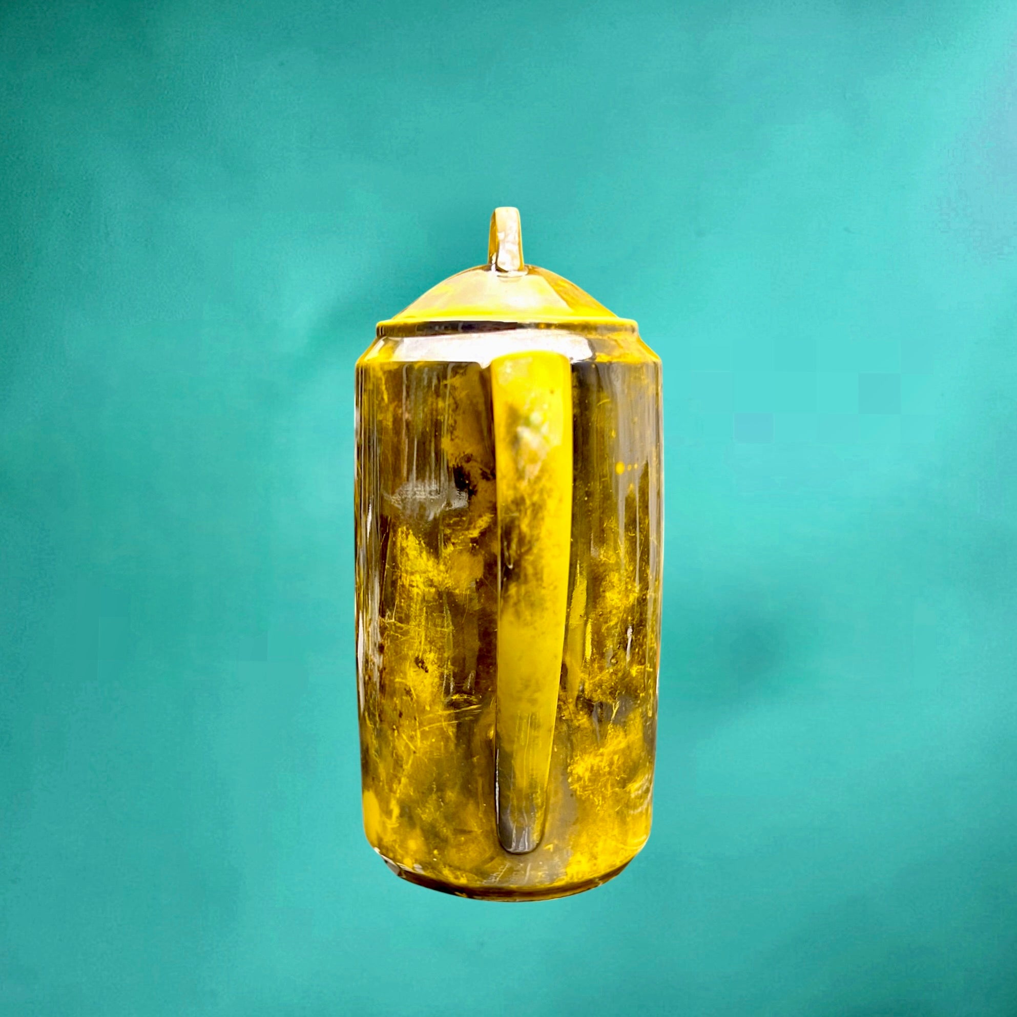 Cafetière vintage en céramique vernissée jaune et brune irisée années 50