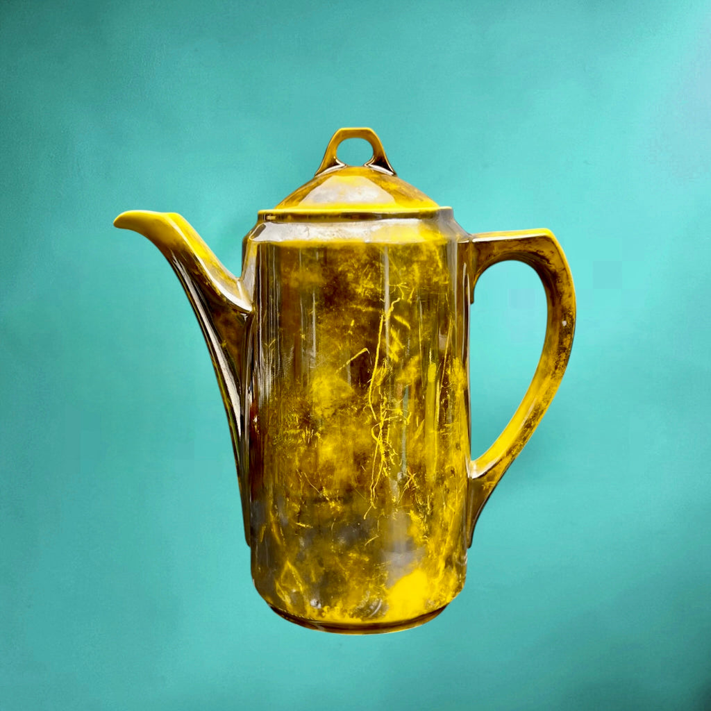 Cafetière vintage en céramique vernissée jaune et brune irisée années 50