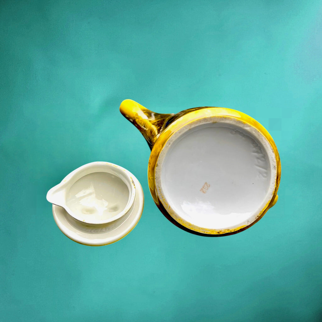 Cafetière vintage en céramique vernissée jaune et brune irisée années 50