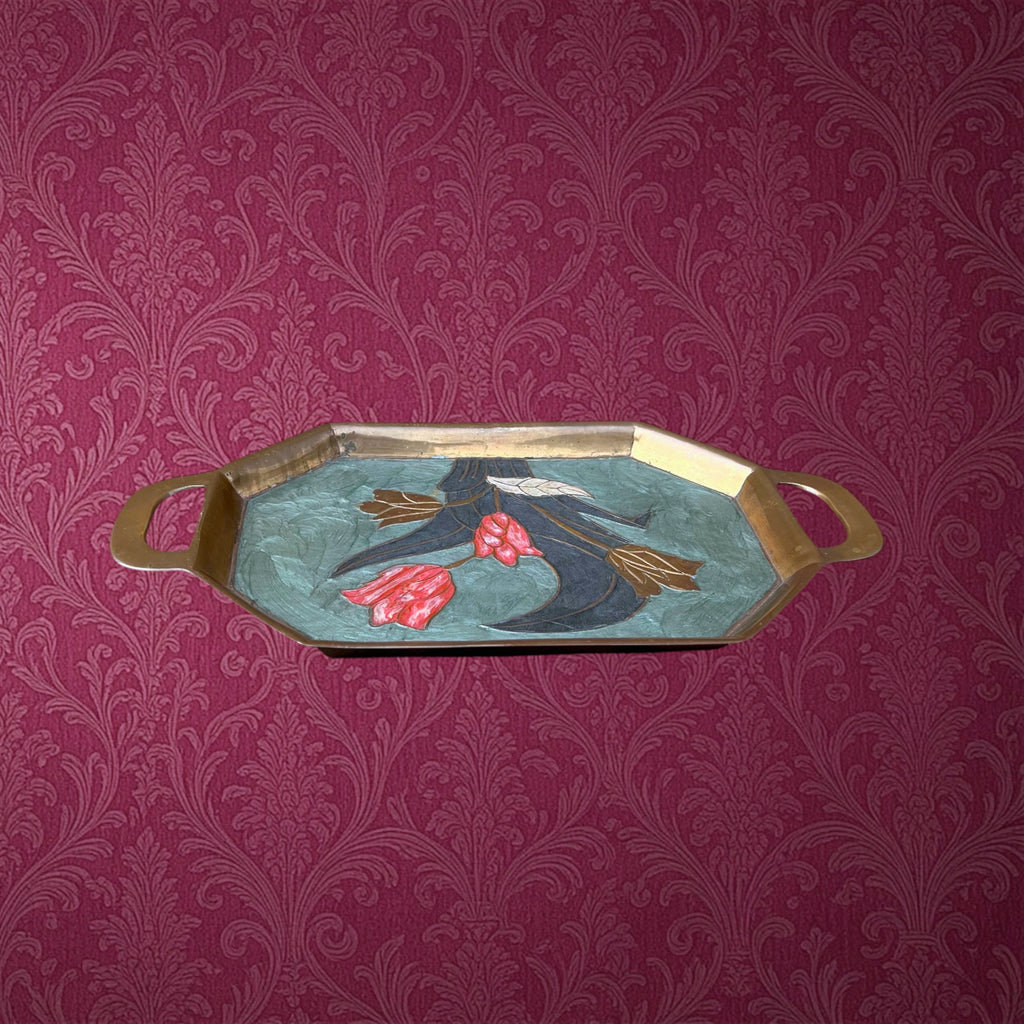 Petit Plateau en Laiton Cloisonné à Décor Floral Émaillé– Années 60