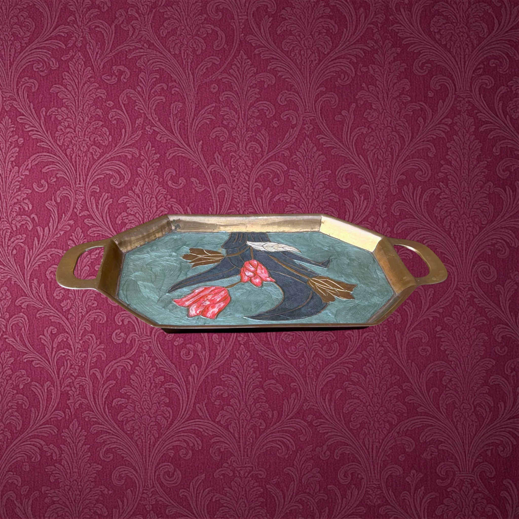 Petit Plateau en Laiton Cloisonné à Décor Floral Émaillé– Années 60