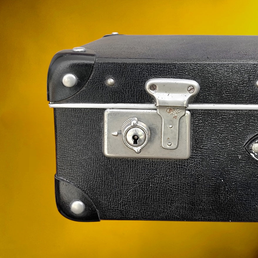 Petite Valise Vintage Noire Fibre Vulcanisée Intérieur Pied-de-Poule – Années 50 60