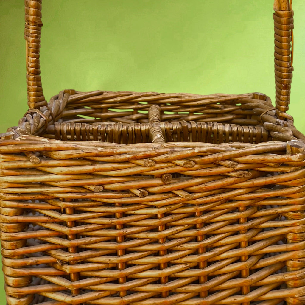 Panier Porte-Bouteilles en Osier Tressé à 4 Compartiments – Années 50