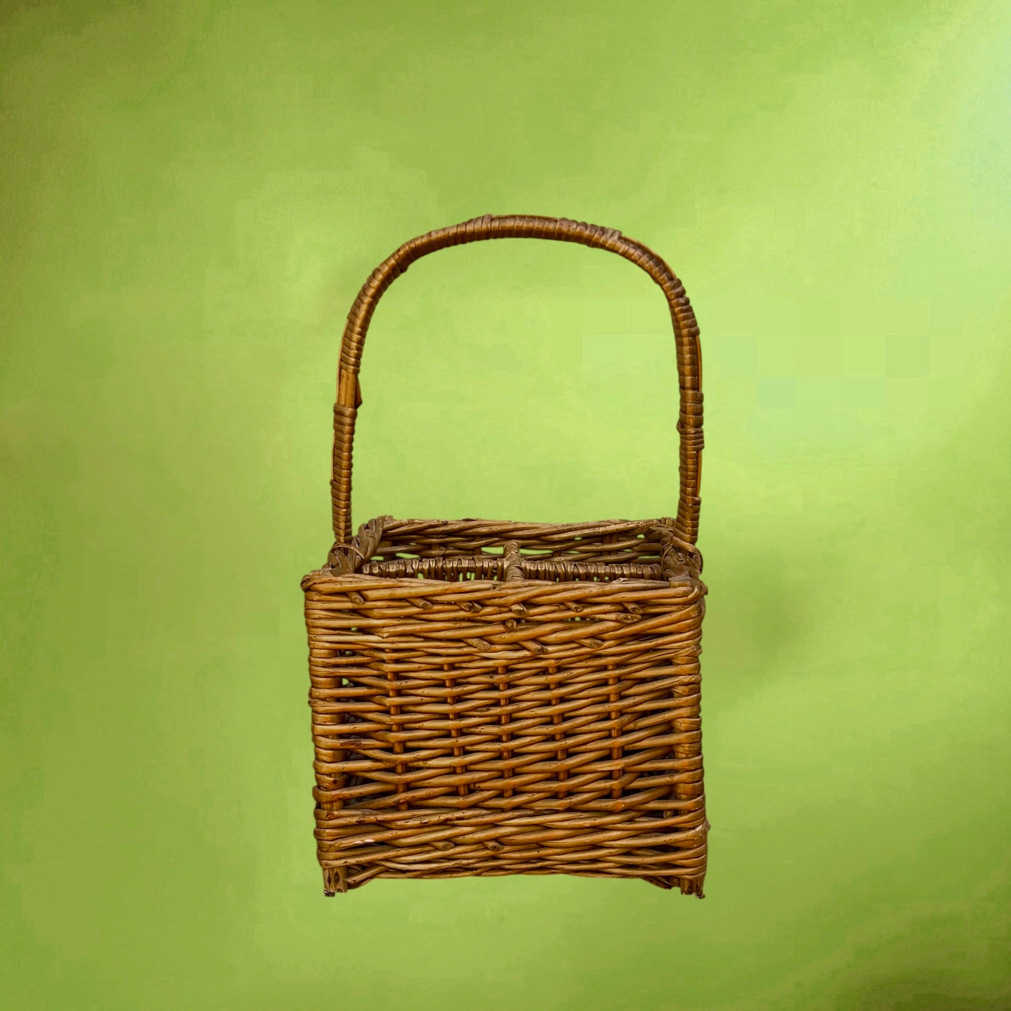 Panier Porte-Bouteilles en Osier Tressé à 4 Compartiments – Années 50