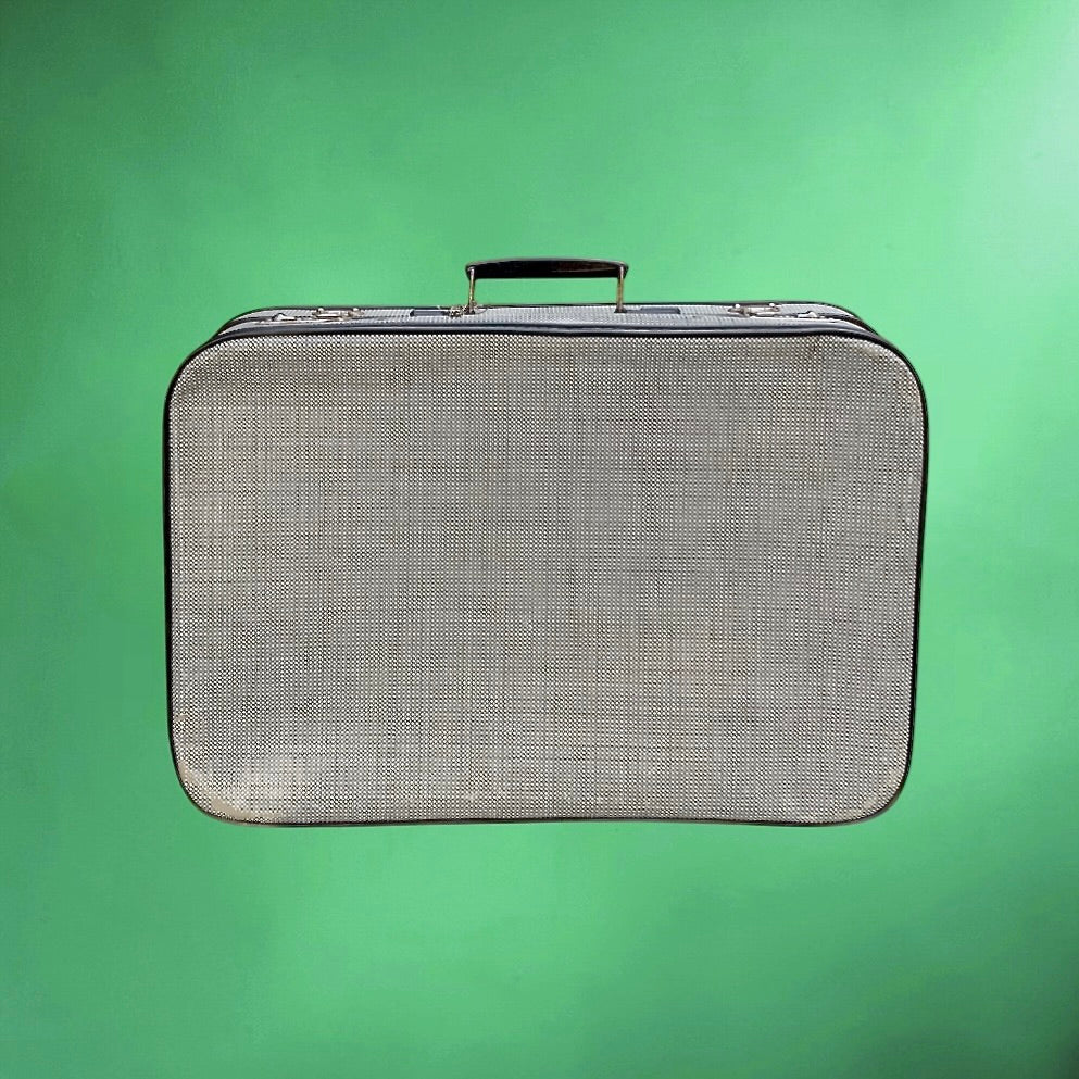 Valise vintage carton gainé noir et blanc années 50 avec clé bagage ancien
