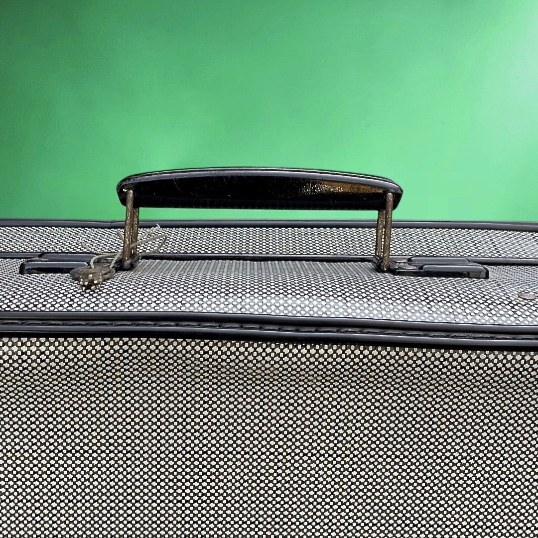 Valise vintage carton gainé noir et blanc années 50 avec clé bagage ancien