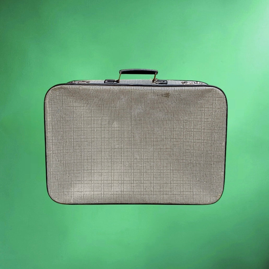 Valise vintage carton gainé noir et blanc années 50 avec clé bagage ancien
