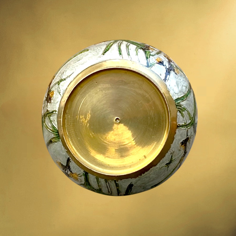 Vase vintage laiton émaillé décor oiseau branche fleurs style cloisonné