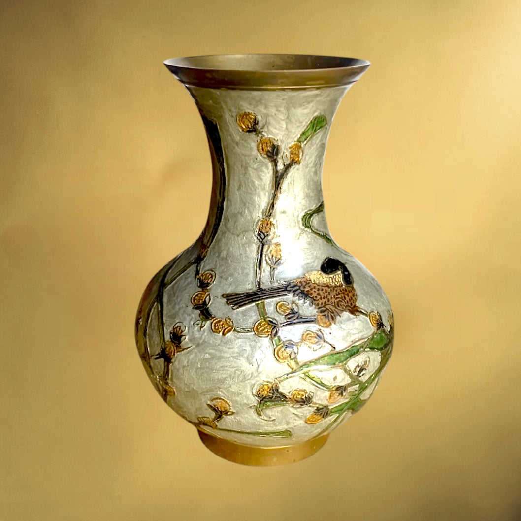 Vase vintage laiton émaillé décor oiseau branche fleurs style cloisonné