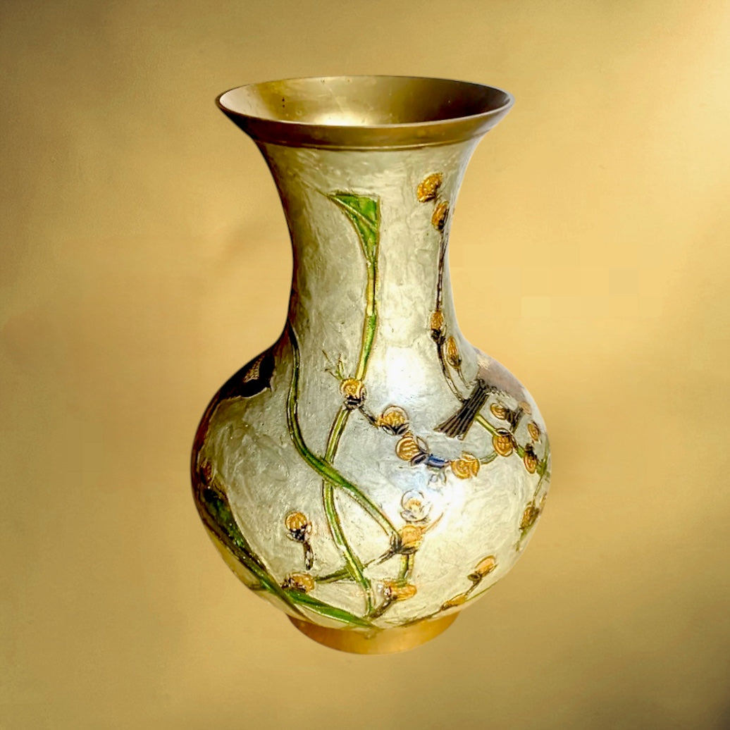 Vase vintage laiton émaillé décor oiseau branche fleurs style cloisonné