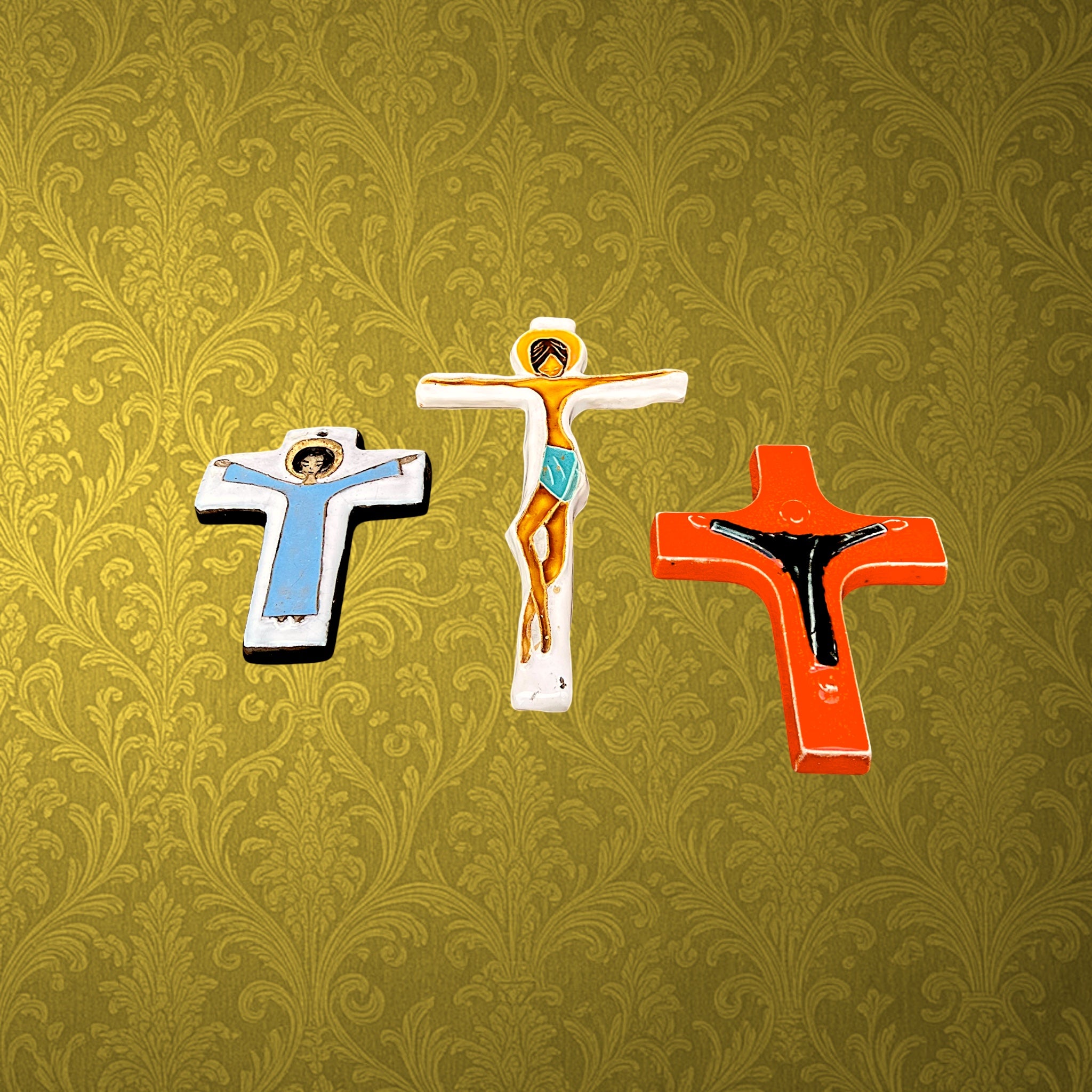 Trio de Croix Murales en Céramique Émaillée – Années 1960-1970