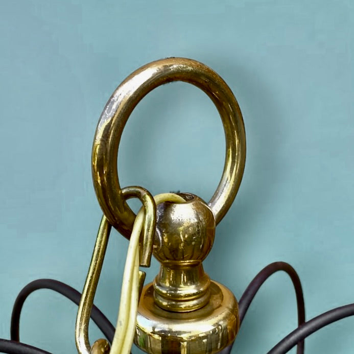 Suspension vintage cage en métal noir et laiton doré avec réflecteur conique en verre rayé – années 50-60