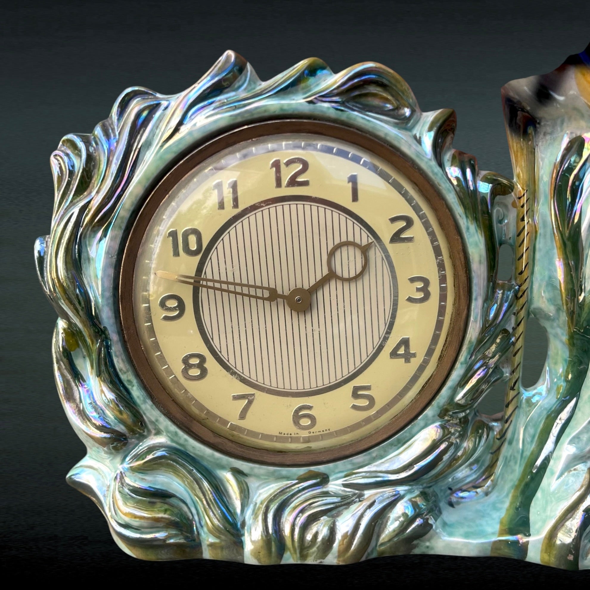 Horloge Art Déco Héron En Céramique Émaillée Made In Germany Années 1930 1940