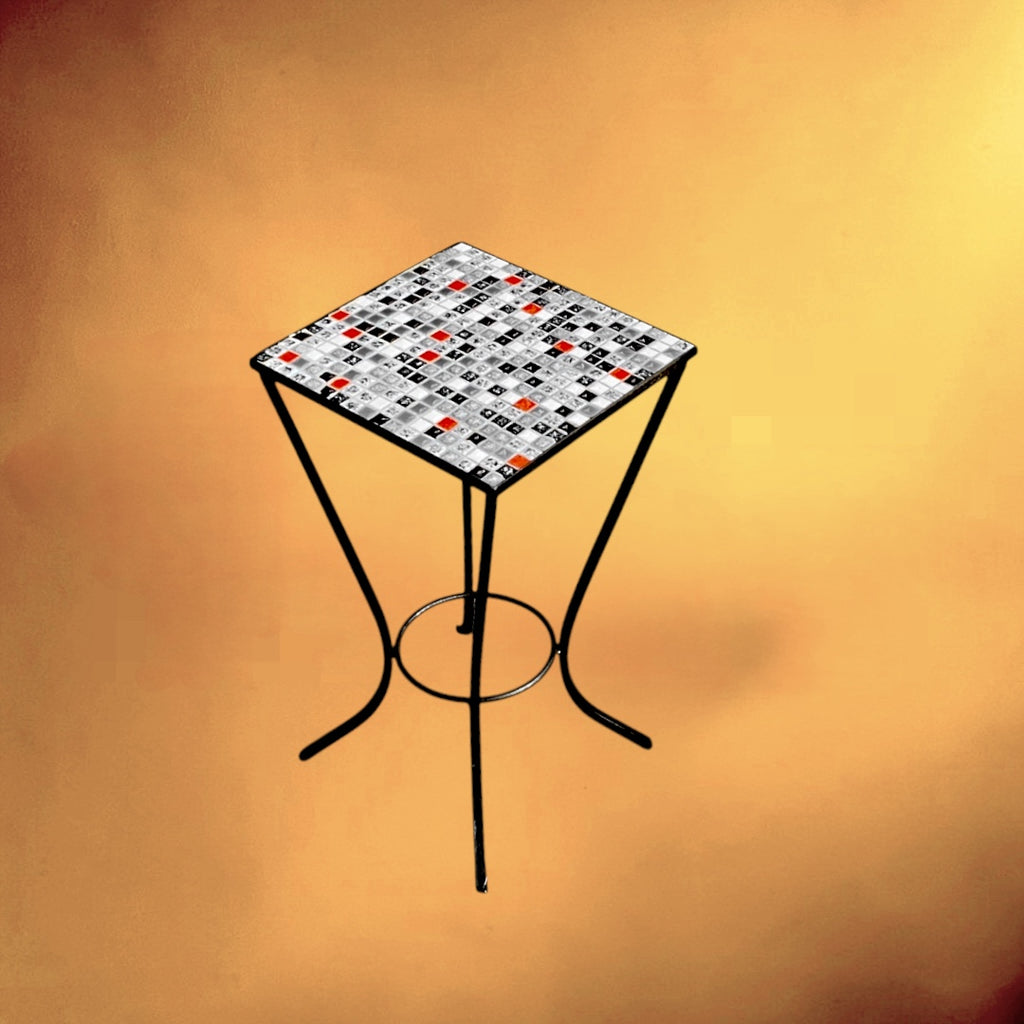 Petite Table d’Appoint En Fer Forgé Noir Et Mosaïque – Années 50-60