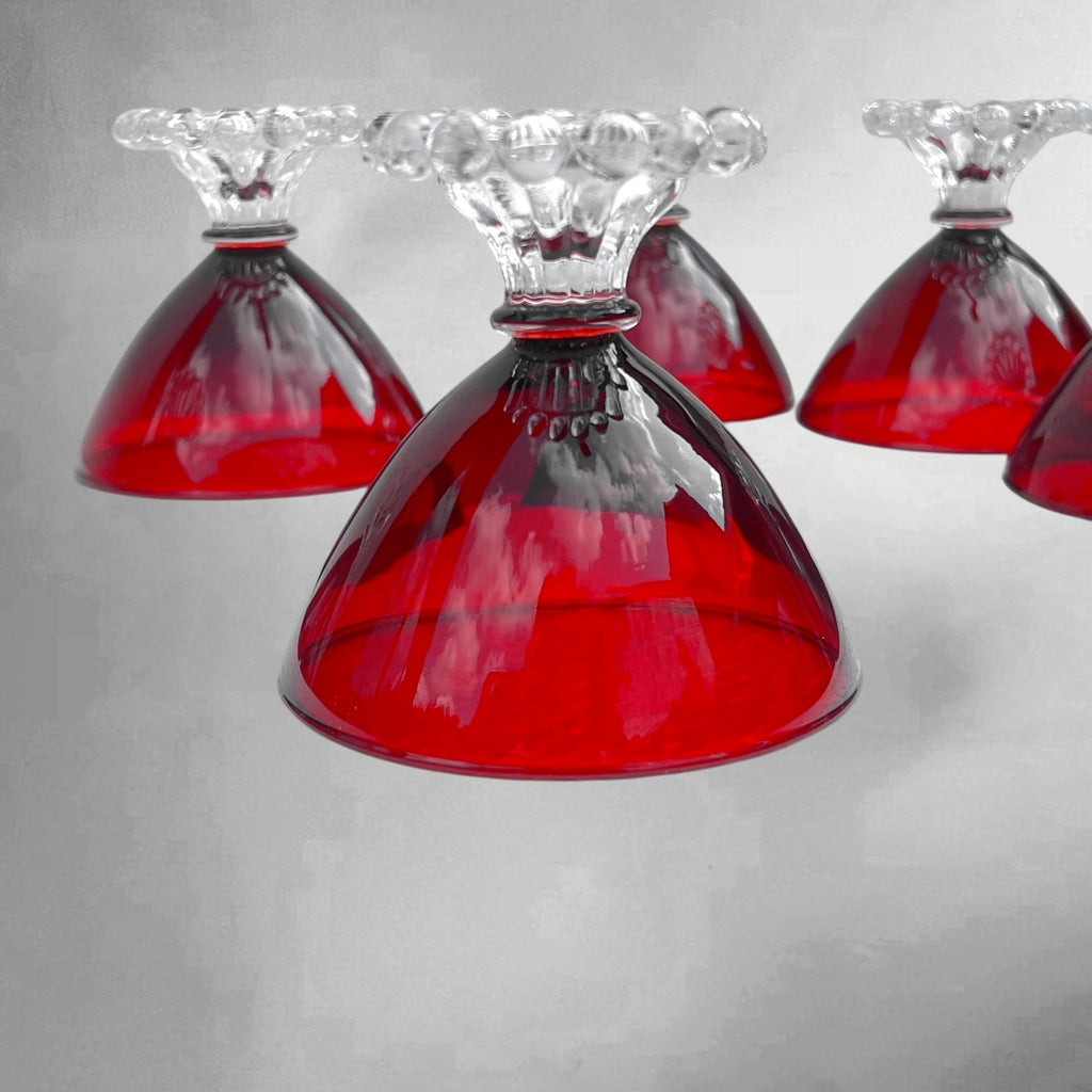 6 Coupes À Champagne Anchor Hocking Boopie Rouge Rubis Verre Pressé Américain Années 60