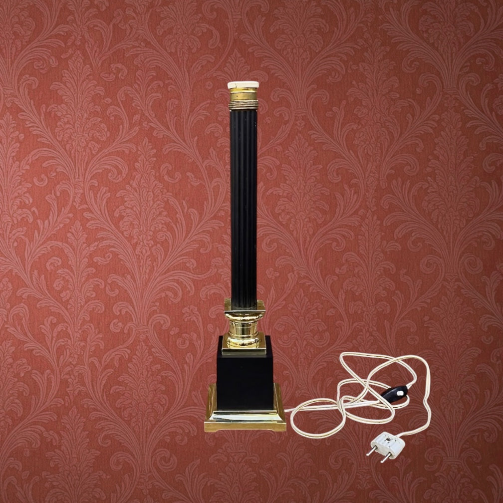 Lampe De Table Vintage À Colonne Noire Et Laiton Doré, Abat-Jour Ivoire – Années 60
