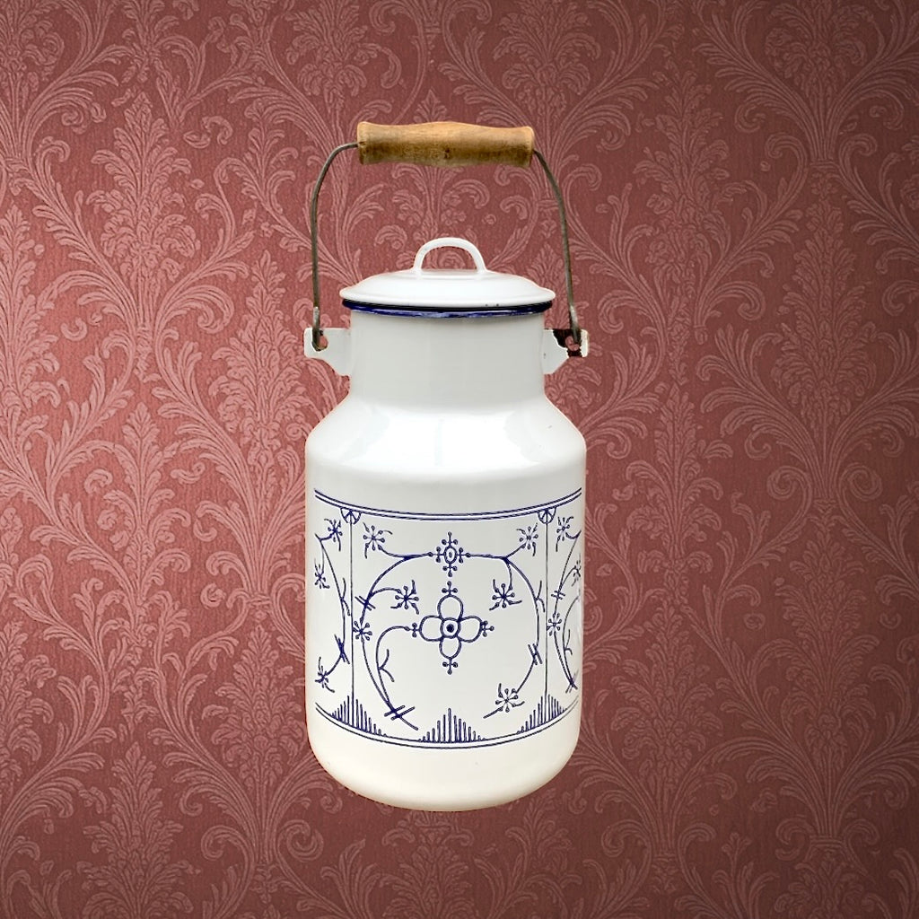 Bidon à lait vintage émaillé blanc décor bleu Copenhague