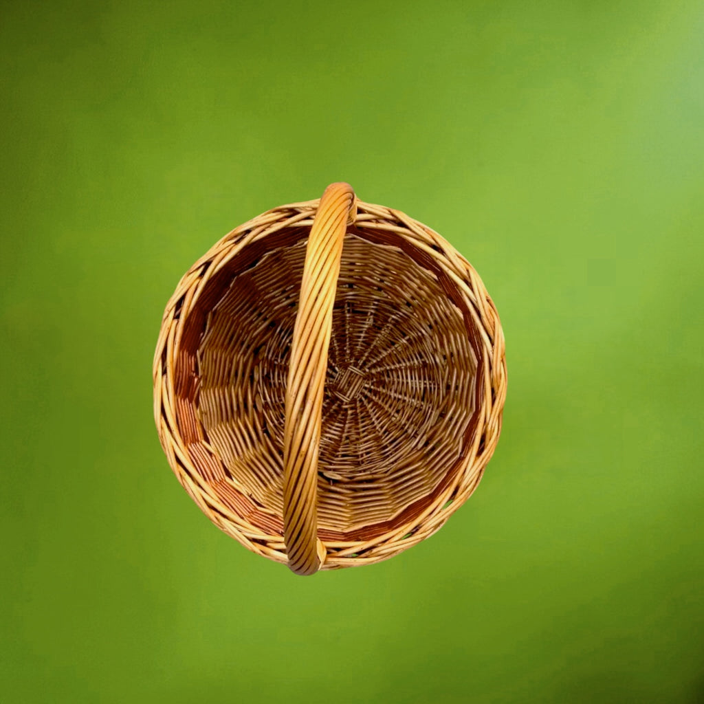Panier Ancien en Osier Tressé Trois Tons Fabrication Artisanale - Années 60