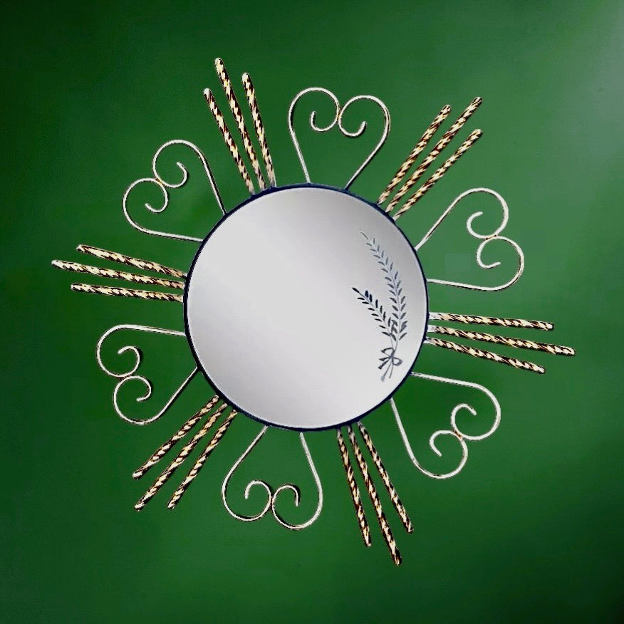 Miroir soleil vintage en métal doré torsadé – décor épis de blé – années 60