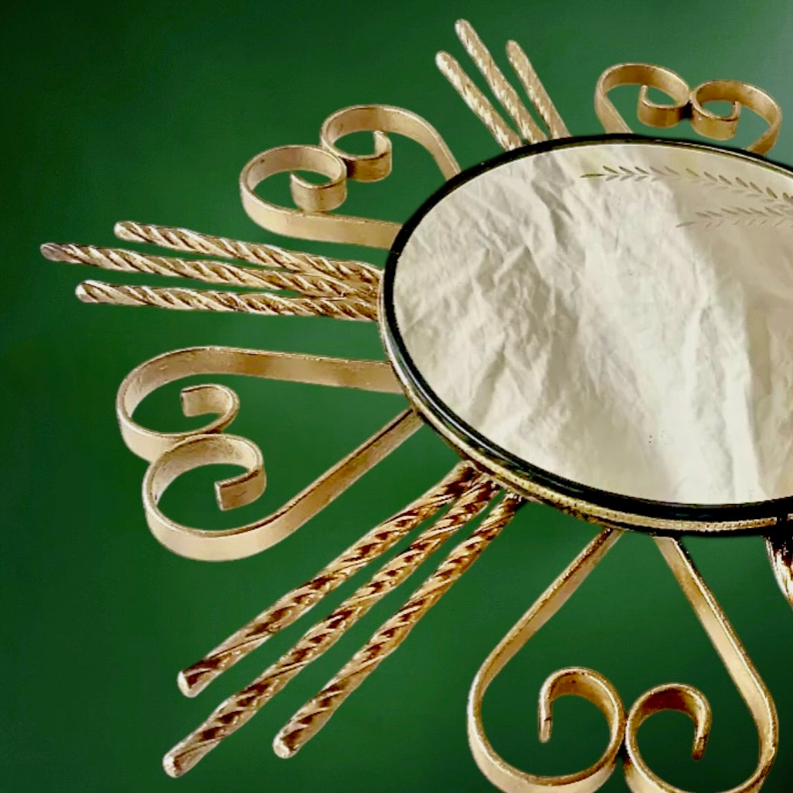 Miroir soleil vintage en métal doré torsadé – décor épis de blé – années 1960