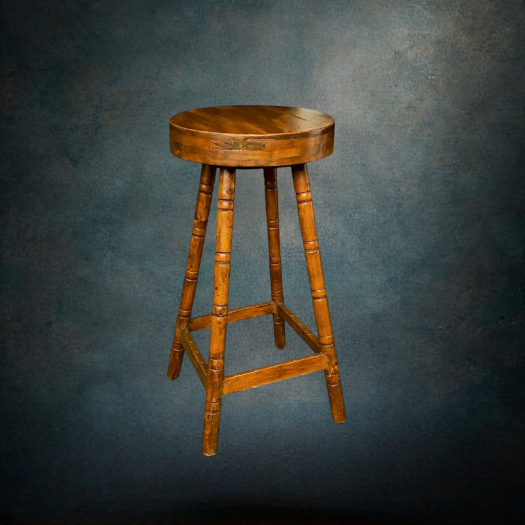 Tabouret Haut Ancien en Bois Massif – Pieds Tournés – Années 50 60