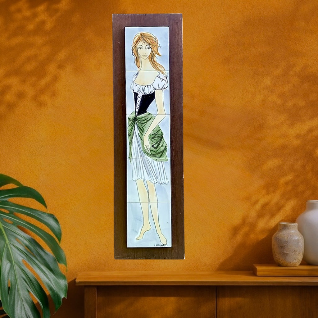Grand panneau mural vintage en carreaux de céramique peints – Juliette Belarti – années 60