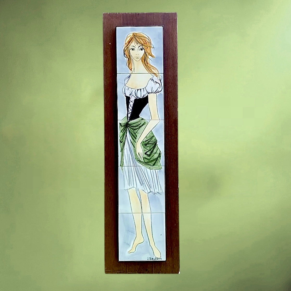 Grand panneau mural vintage en carreaux de céramique peints – Juliette Belarti – années 60